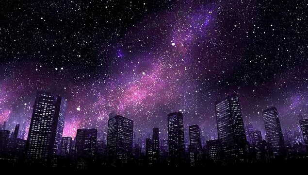 A city skyline at night, with stars and galaxies in the sky, creating an otherworldly atmosphere.