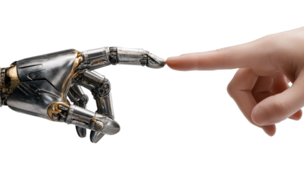Metallic robotic hand nearly touching human finger on white background showcasing artificial intelligence interaction