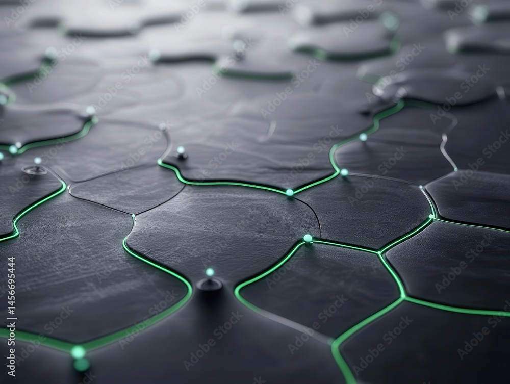Poster abstract network of dark gray hexagonal shapes, connected by glowing green lines, with small luminou