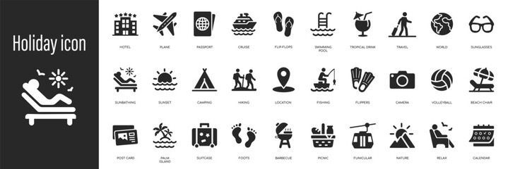 Fototapeta premium Holiday icon set. Vacation, plane, passport icon