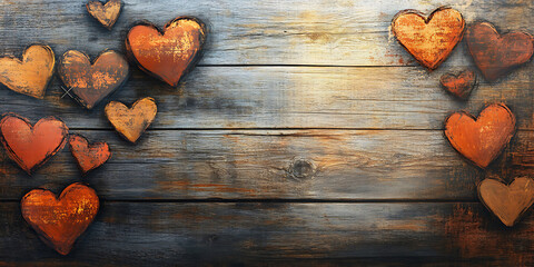 Rustic Wooden Background with Scattered Hearts
