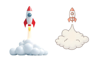 Colorful rocket launching into sky with clouds, symbolizing adventure and exploration., cut out