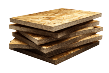 Stacked oriented strand board sheets on transparent background