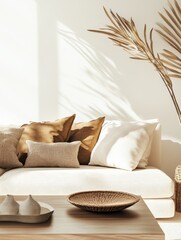 Interior design showcasing sofa with pillows and decor in warm neutral tones in natural light