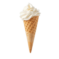 Delicious ice cream cone, creamy vanilla swirl atop a crunchy waffle cone, perfect for hot summer days, great for dessert lovers. Isolated on white background or PNG