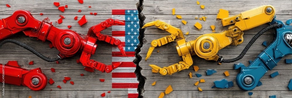 Aufkleber giant robotic arms labeled usa and china competing to pull apart a shared product amidst a backdrop 