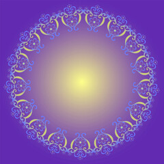 Beautiful round frame in gold color on a soft blue background