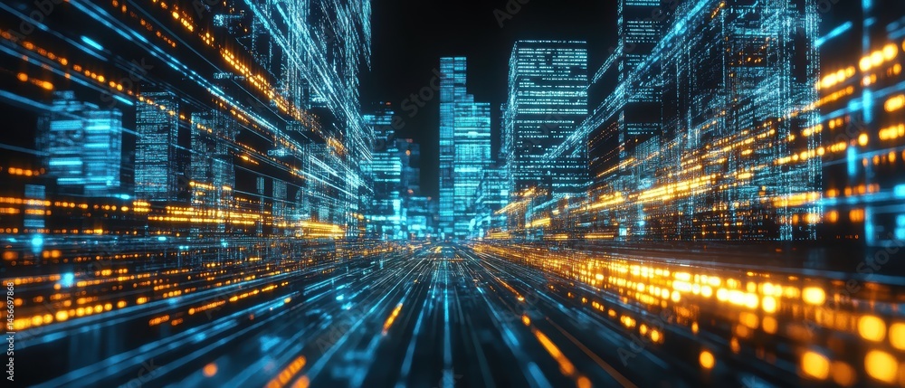 Poster digital cityscape visualization of data flowing through a futuristic network in blue and orange tone