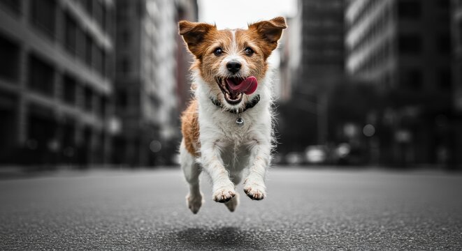 Fototapeta Joyful Jack Russell Terrier running city street pure energy adorable pet happiness unleashed