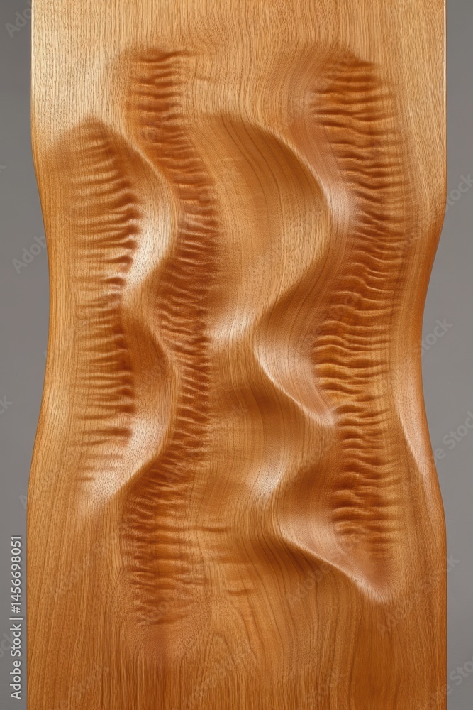 Poster carved wood panel close up showing wavy texture and grain pattern studio shot with soft lighting and