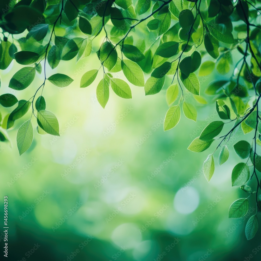 Aufkleber lush green leaves frame a soft bokeh background in a natural setting from a low angle perspective