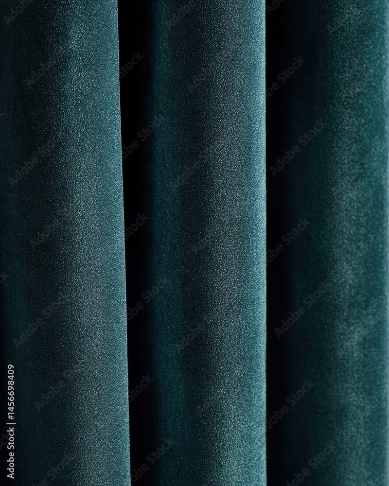 Poster close up of teal velvet curtains hanging vertically with soft light and shadows in studio shot for t