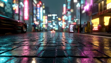 A close-up of the empty street in cyberpunk Tokyo, with neon lights reflecting on wet cobblestones