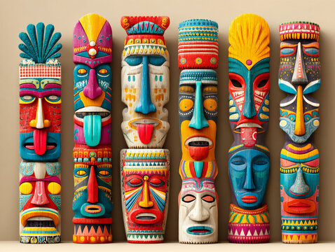 cartoon tiki totems showing moods