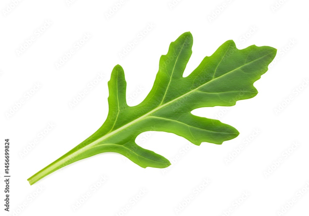 Poster a single arugula leaf displayed on a white background in a studio shot with soft lighting and focus