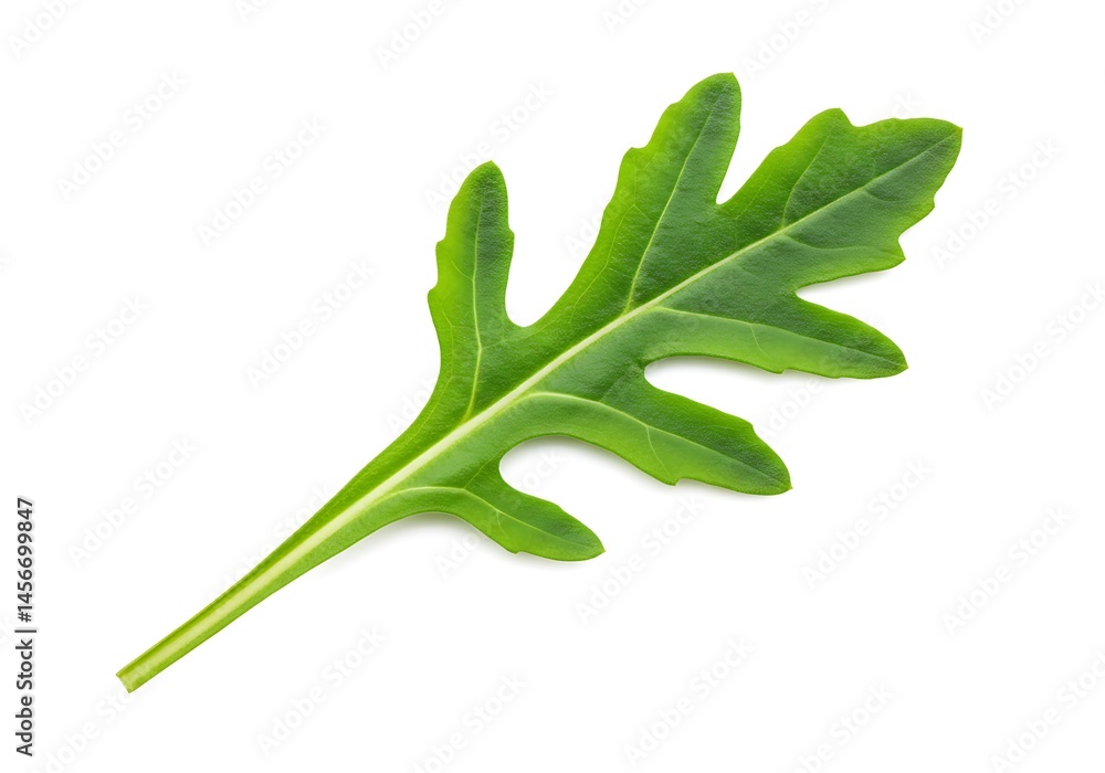 Poster single arugula leaf with jagged edges and a vibrant green color isolated on a white background plain