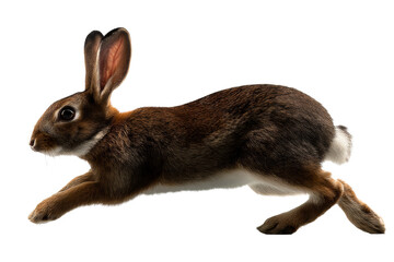 Brown rabbit leaping with energy against a transparent background