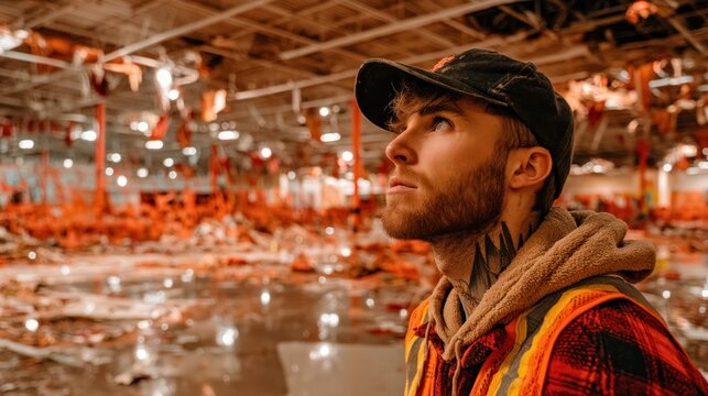 Man looks up in a damaged, cluttered warehouse interior