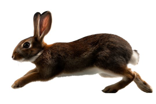 Brown rabbit leaping with energy against a transparent background