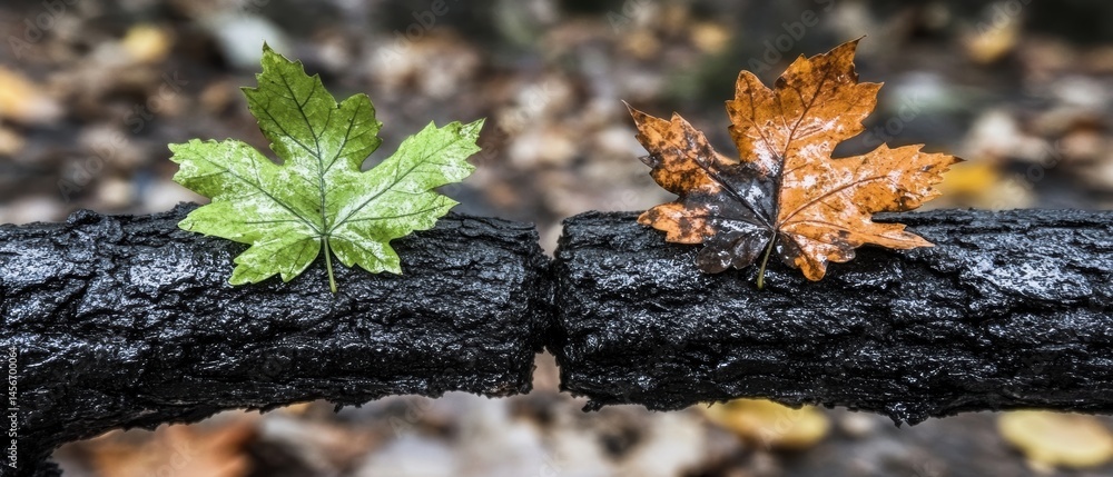 Poster autumnal juxtaposition of green and brown maple leaves on charred log in a forest setting macro deta