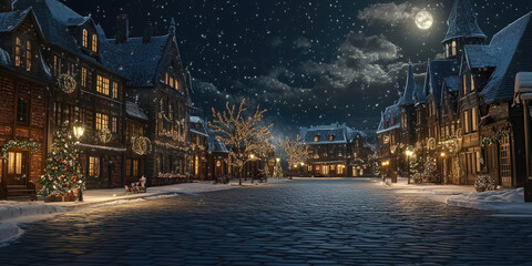 Snowy Village Street at Night Winter Wonderland Background Image