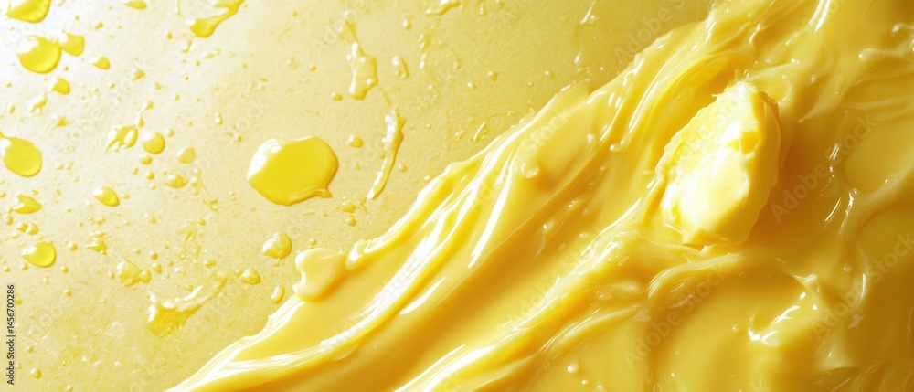Poster melting butter close-up shot of dairy product on yellow surface with dripping and spreading texture 