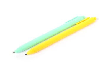 Stylish pens isolated on white, above view