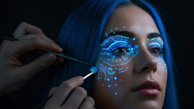 A close-up of a woman with blue hair receiving intricate face paint with glowing designs in a dark setting