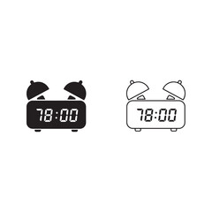 Alarm Clock Icon Set: A simple yet versatile vector illustration of a classic alarm clock icon, presented in two variations: a solid black and a line art design.