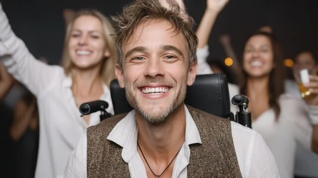 Joyful inclusivity in the crowd: A man with a beaming smile, seated in a wheelchair amidst an energetic crowd, radiates pure joy and acceptance in a celebratory atmosphere.