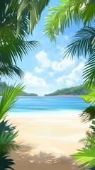 Fototapeta premium Tropical Beach Paradise View Through Palm Trees on Sunny Day; Serene Coastal Scene with Turquoise Water and White Sand; Vacation Destination; Artistic Impression
