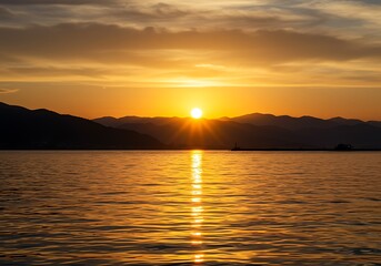 A golden sunset over the water with mountains in the distance creating a scenic and peaceful view