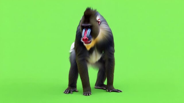 A mandrill standing on all fours against a solid green background in a studio setting looking forward green screen video