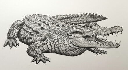 Majestic Nile Crocodile Ink Drawing Powerful Predator Detailed Scales Intricate Artwork