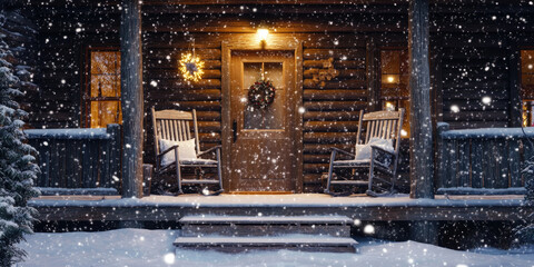 Cozy Cabin in Winter Snowfall Christmas Holiday Background
