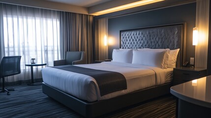 Modern hotel room with comfortable bed