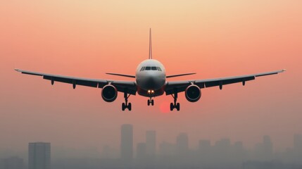 A commercial airplane landing at sunset with a city skyline in the background.