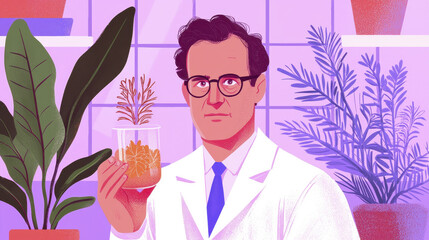 Scientist holding plant specimen in laboratory with greenery background