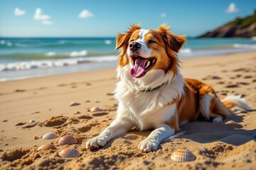 Happy border collie dog yawning on sandy beach with seashells. Concept of dog yawning in bright sunny setting, relaxed expression, pets enjoying nature.