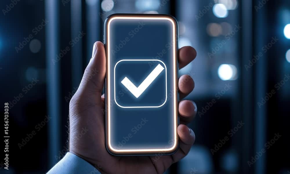 Poster holding smartphone with glowing checkmark animation video. secure mobile verification animated foota
