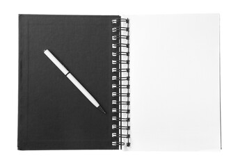 Pen and open notebook isolated on white, top view