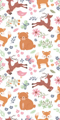 Cute woodland animals seamless patterns and wallpaper