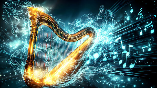 Golden harp surrounded by musical notes and ethereal smoke, a vibrant display of musical artistry