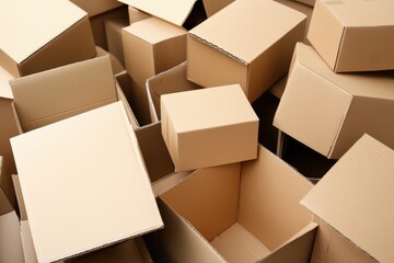 Pile of Brown Cardboard Boxes in Disarray Overhead Shot for Shipping Moving Storage and Packing Concepts