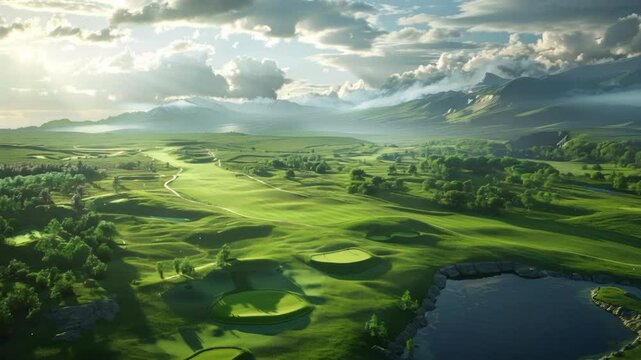A serene golf course with putting greens in an S-shape, against mountains under a dramatic sky. Pond adds to natural beauty.
