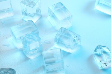 Cubes of clear ice on light blue background, closeup