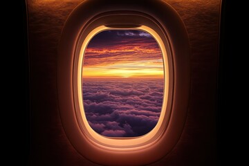 Smiling woman looks out airplane window at sunset