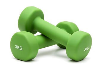 Two green dumbbells stacked on a white surface ready for a workout or exercise routine at home or gym