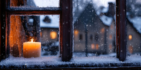 Cozy Candlelight Scene Viewed Through a Snowy Window