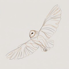 Minimalist Barn Owl Line Art Illustration - Modern, Elegant Design of Flying Bird with Gold and Black Lines on Cream Background